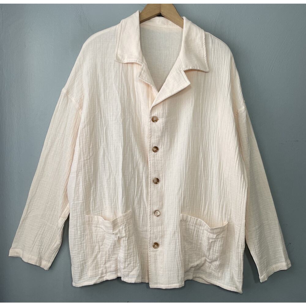 Lagenlook Gauze Shacket Size Large Boxy Button Up Cotton Pocket Shirt Minimalist
